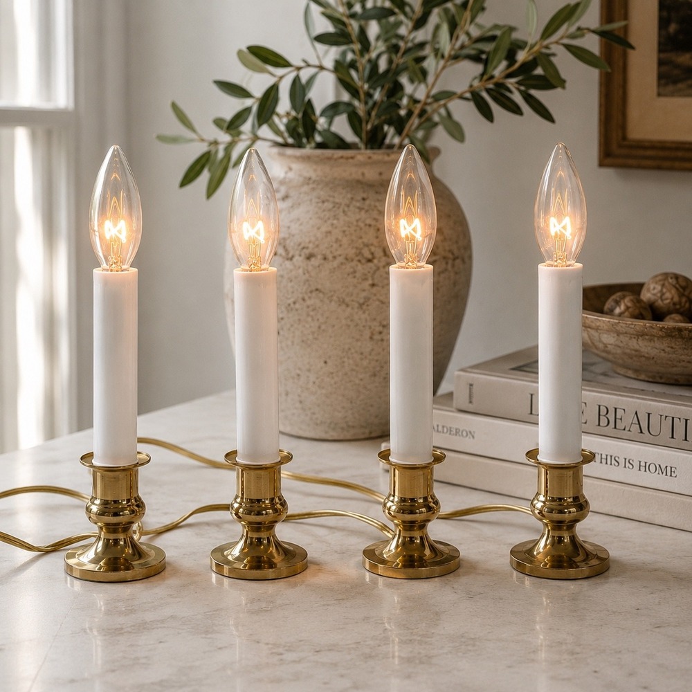 Vintage Brass Electric Candle Lamps Set of 4 Warm Ambient Accent Lights